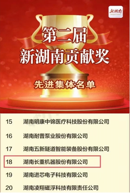 喜訊！長(zhǎng)重機(jī)器榮獲“新湖南貢獻(xiàn)獎(jiǎng)先進(jìn)集體”稱(chēng)號(hào)